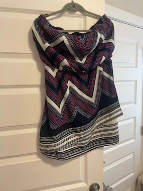 Express Strapless Mini Dress in Blue, White & Red Chevron Print